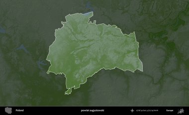 Augustowski İlçesi. Polonya 'nın idari bölgesi koyu renkli bir yükseklik haritasına vurgulandı ve özetlendi