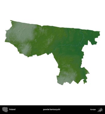 Bartoszycki İlçesi. Polonya 'nın idari bölgesi renkli bir yükseklik haritasında beyaza izole edildi