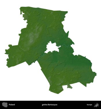 Bartoszyce Komünü. Polonya 'nın idari bölgesi renkli bir yükseklik haritasında beyaza izole edildi