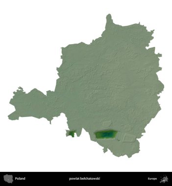 Belchatowski ilçesi. Polonya 'nın idari bölgesi renkli bir yükseklik haritasında beyaza izole edildi