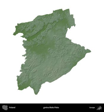 Biala Piska Komünü. Polonya 'nın idari bölgesi renkli bir yükseklik haritasında beyaza izole edildi