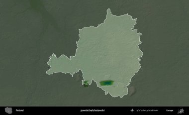 Belchatowski ilçesi. Polonya 'nın idari bölgesi koyu renkli bir yükseklik haritasına vurgulandı ve özetlendi
