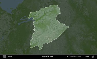Biala Piska Komünü. Polonya 'nın idari bölgesi koyu renkli bir yükseklik haritasına vurgulandı ve özetlendi