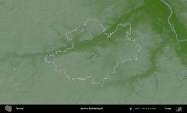 Bialobrzeski İlçesi. Polonya 'nın idari bölgesi renkli bir yükseklik haritasında özetlendi