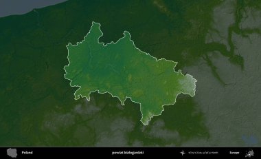 Bialogardzki İlçesi. Polonya 'nın idari bölgesi koyu renkli bir yükseklik haritasına vurgulandı ve özetlendi