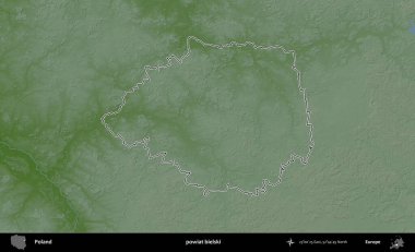 Bielski İlçesi. Polonya 'nın idari bölgesi renkli bir yükseklik haritasında özetlendi