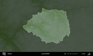 Bielski İlçesi. Polonya 'nın idari bölgesi koyu renkli bir yükseklik haritasına vurgulandı ve özetlendi