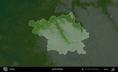 Bobolice Komünü. Polonya 'nın idari bölgesi koyu renkli bir yükseklik haritasına vurgulandı ve özetlendi