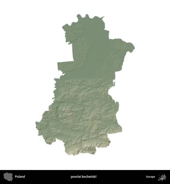 Bochenski İlçesi. Polonya 'nın idari bölgesi renkli bir yükseklik haritasında beyaza izole edildi