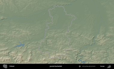 Bochenski İlçesi. Polonya 'nın idari bölgesi renkli bir yükseklik haritasında özetlendi