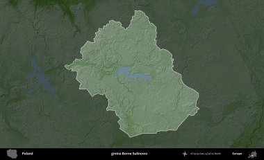 Borne Sulinowo Komünü. Polonya 'nın idari bölgesi koyu renkli bir yükseklik haritasına vurgulandı ve özetlendi