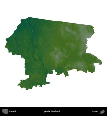 Braniewski İlçesi. Polonya 'nın idari bölgesi renkli bir yükseklik haritasında beyaza izole edildi