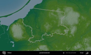 Braniewski İlçesi. Polonya 'nın idari bölgesi renkli bir yükseklik haritasında özetlendi