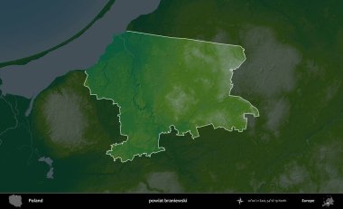 Braniewski İlçesi. Polonya 'nın idari bölgesi koyu renkli bir yükseklik haritasına vurgulandı ve özetlendi