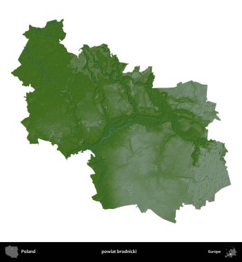 Brodnicki İlçesi. Polonya 'nın idari bölgesi renkli bir yükseklik haritasında beyaza izole edildi
