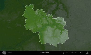 Brodnicki İlçesi. Polonya 'nın idari bölgesi koyu renkli bir yükseklik haritasına vurgulandı ve özetlendi