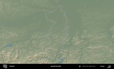 Brzeski İlçesi. Polonya 'nın idari bölgesi renkli bir yükseklik haritasında özetlendi
