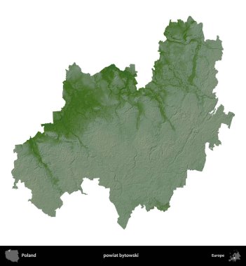 Bytowski İlçesi. Polonya 'nın idari bölgesi renkli bir yükseklik haritasında beyaza izole edildi