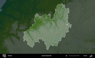 Bytowski İlçesi. Polonya 'nın idari bölgesi koyu renkli bir yükseklik haritasına vurgulandı ve özetlendi