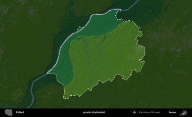 Chelminski İlçesi. Polonya 'nın idari bölgesi koyu renkli bir yükseklik haritasına vurgulandı ve özetlendi