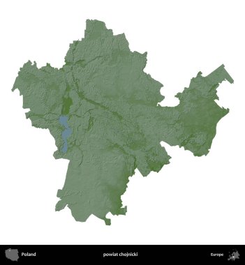 Chojnicki İlçesi. Polonya 'nın idari bölgesi renkli bir yükseklik haritasında beyaza izole edildi