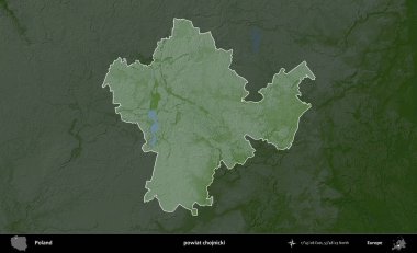 Chojnicki İlçesi. Polonya 'nın idari bölgesi koyu renkli bir yükseklik haritasına vurgulandı ve özetlendi