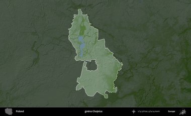 Chojnice Komünü. Polonya 'nın idari bölgesi koyu renkli bir yükseklik haritasına vurgulandı ve özetlendi