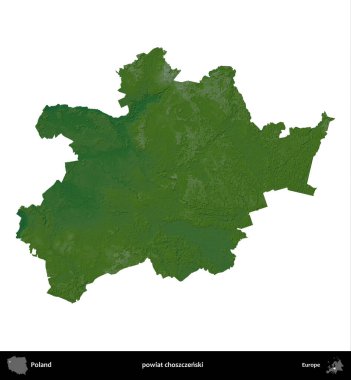 Choszczenski İlçesi. Polonya 'nın idari bölgesi renkli bir yükseklik haritasında beyaza izole edildi