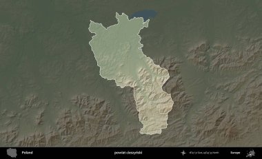 Cieszynski İlçesi. Polonya 'nın idari bölgesi koyu renkli bir yükseklik haritasına vurgulandı ve özetlendi
