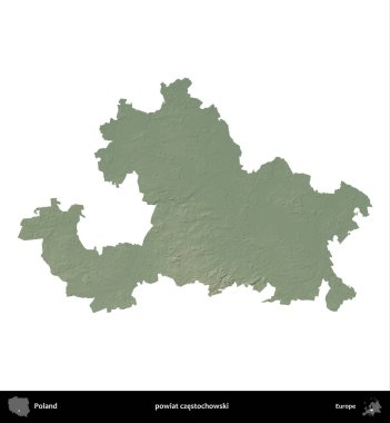 Czestochowski İlçesi. Polonya 'nın idari bölgesi renkli bir yükseklik haritasında beyaza izole edildi