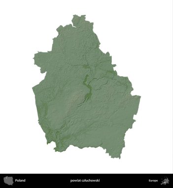 Czluchowski İlçesi. Polonya 'nın idari bölgesi renkli bir yükseklik haritasında beyaza izole edildi