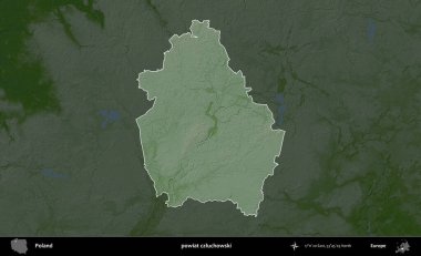 Czluchowski İlçesi. Polonya 'nın idari bölgesi koyu renkli bir yükseklik haritasına vurgulandı ve özetlendi