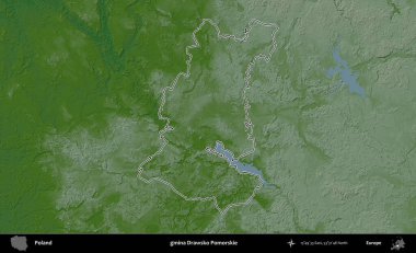 Drawsko Pomorskie Komünü. Polonya 'nın idari bölgesi renkli bir yükseklik haritasında özetlendi