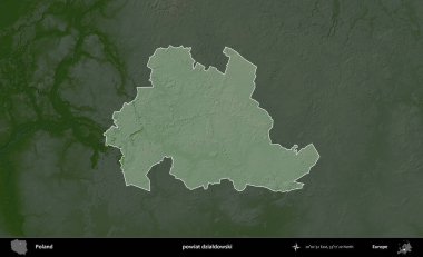 Dzialdowski İlçesi. Polonya 'nın idari bölgesi koyu renkli bir yükseklik haritasına vurgulandı ve özetlendi