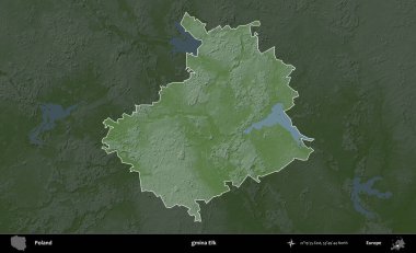 Geyik komünü. Polonya 'nın idari bölgesi koyu renkli bir yükseklik haritasına vurgulandı ve özetlendi