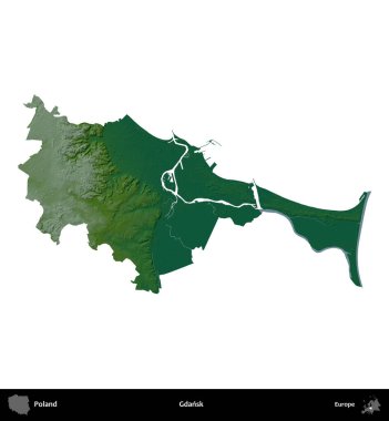 Gdansk. Polonya 'nın idari bölgesi renkli bir yükseklik haritasında beyaza izole edildi