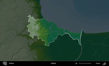 Gdansk. Polonya 'nın idari bölgesi koyu renkli bir yükseklik haritasına vurgulandı ve özetlendi