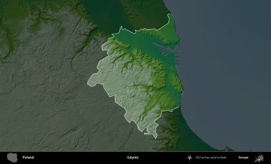 Gdynia. Polonya 'nın idari bölgesi koyu renkli bir yükseklik haritasına vurgulandı ve özetlendi