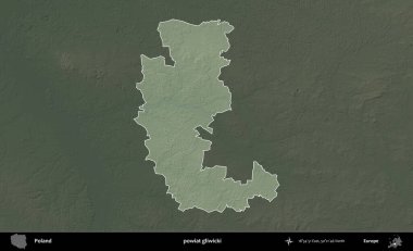 Gliwicki ilçesi. Polonya 'nın idari bölgesi koyu renkli bir yükseklik haritasına vurgulandı ve özetlendi