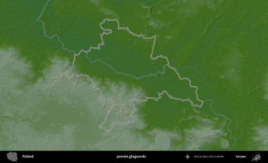 Glogowski İlçesi. Polonya 'nın idari bölgesi renkli bir yükseklik haritasında özetlendi