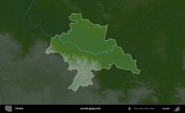 Glogowski İlçesi. Polonya 'nın idari bölgesi koyu renkli bir yükseklik haritasına vurgulandı ve özetlendi