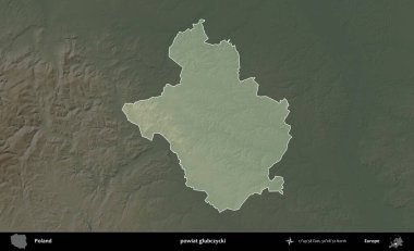 Glubczycki İlçesi. Polonya 'nın idari bölgesi koyu renkli bir yükseklik haritasına vurgulandı ve özetlendi
