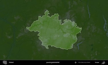 Gnieznienski İlçesi. Polonya 'nın idari bölgesi koyu renkli bir yükseklik haritasına vurgulandı ve özetlendi
