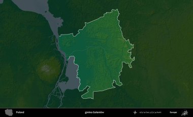 Goleniow Komünü. Polonya 'nın idari bölgesi koyu renkli bir yükseklik haritasına vurgulandı ve özetlendi