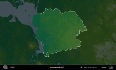 Goleniowski İlçesi. Polonya 'nın idari bölgesi koyu renkli bir yükseklik haritasına vurgulandı ve özetlendi