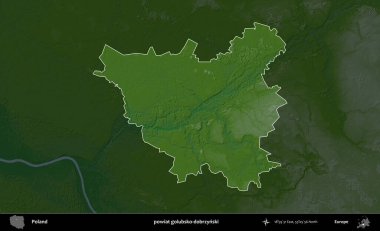 Golubsko-Dobrzynski İlçesi. Polonya 'nın idari bölgesi koyu renkli bir yükseklik haritasına vurgulandı ve özetlendi