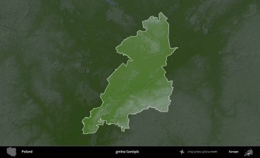 Goniadz Komünü. Polonya 'nın idari bölgesi koyu renkli bir yükseklik haritasına vurgulandı ve özetlendi