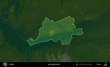Gorzowski İlçesi. Polonya 'nın idari bölgesi koyu renkli bir yükseklik haritasına vurgulandı ve özetlendi