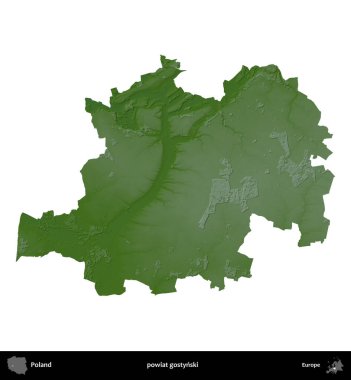 Gostynski İlçesi. Polonya 'nın idari bölgesi renkli bir yükseklik haritasında beyaza izole edildi