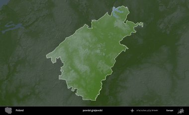 Grajewski İlçesi. Polonya 'nın idari bölgesi koyu renkli bir yükseklik haritasına vurgulandı ve özetlendi